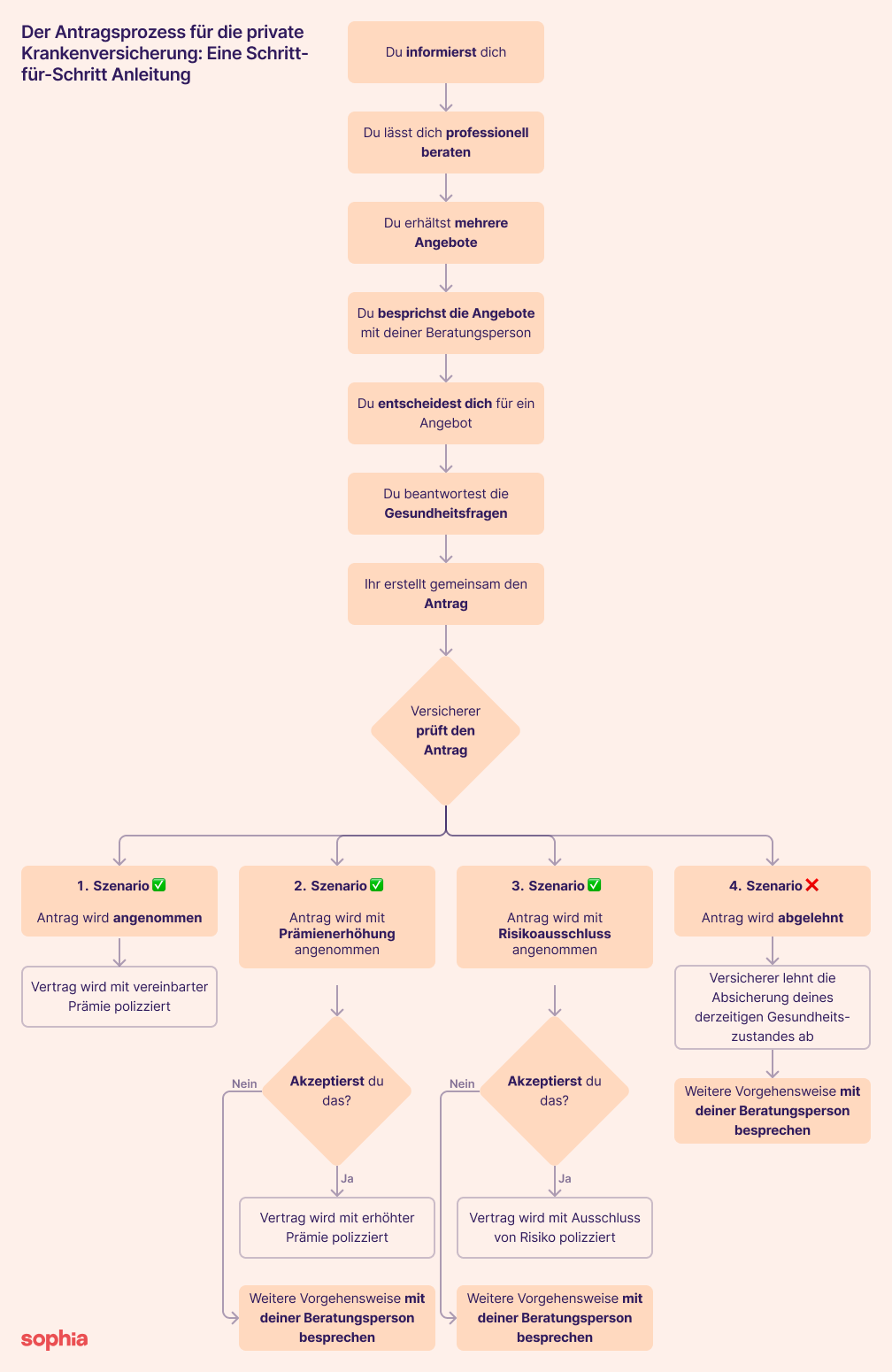 Die Grafik zeigt ein Flussdiagramm, das den Antragsprozess für eine Privatarzt-Versicherung darstellt.