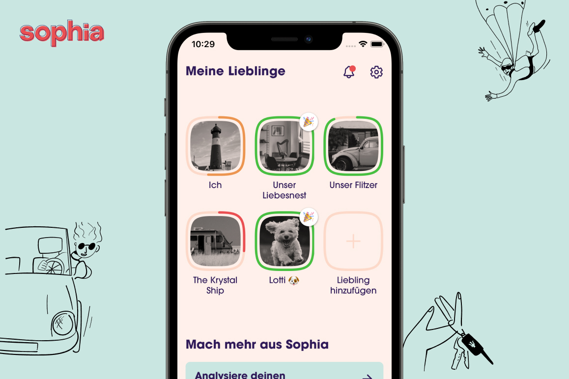 Ein Screenshot der Sophia App, auf dem das Dashboard mit den Lieblingen zu sehen ist.