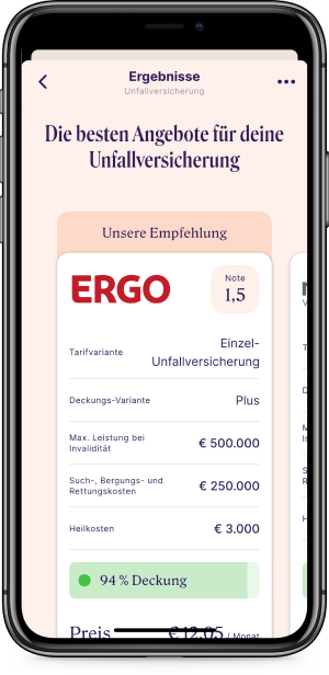 Screenshot vom einer Angebotsanfrage zur Unfallversicherung der Versicherungs-App Sophia