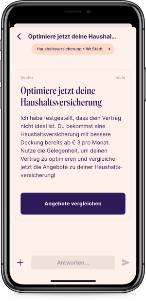 Screenshot von einer Benachrichtigung zur Haushaltsversicherung von der Versicherungs-App Sophia