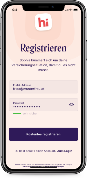 Screenshot vom Registrieren der Versicherungs-App Sophia