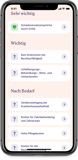 Screenshot vom der Risikenliste der Versicherungs-App Sophia