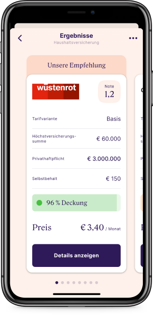 Screenshot von einem Versicherungsvergleich zur Haushaltsversicherung von der Versicherungs-App Sophia