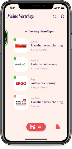 Screenshot vom der Vertragsliste der Versicherungs-App Sophia