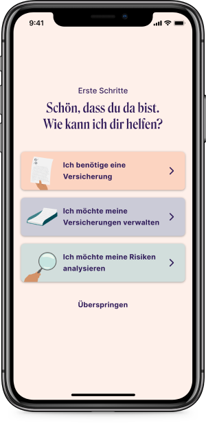 Screenshot vom Willkommens-Screen der Versicherungs-App Sophia